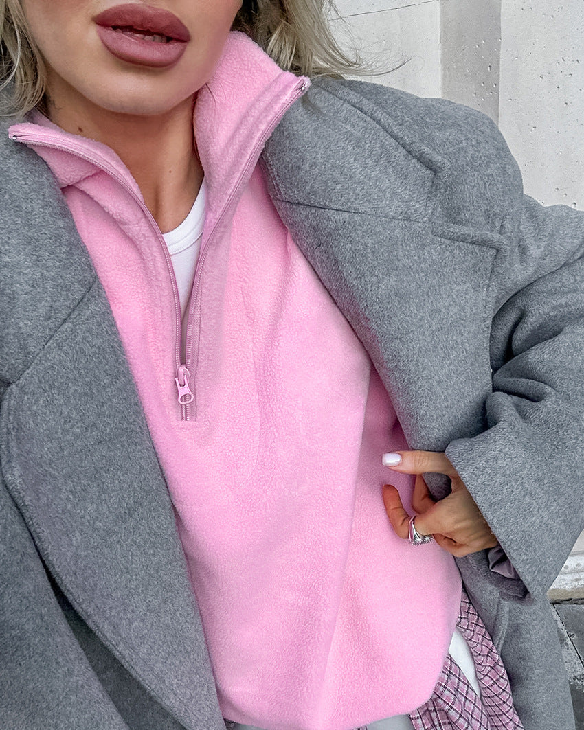 Pink Fleece Half Zip Collared Sweatshirt - Pink - 4