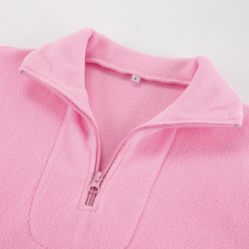 Pink Fleece Half Zip Collared Sweatshirt - Pink - 5