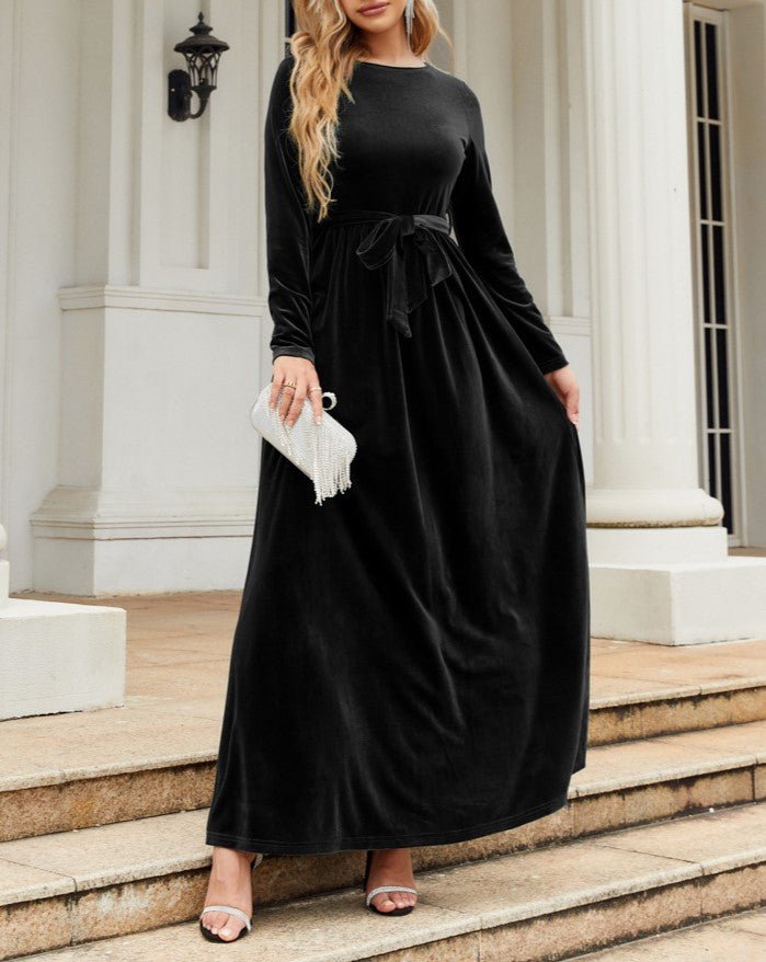 Velvet Tie Waist Long Sleeve Maxi Dress - Black