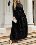 Velvet Tie Waist Long Sleeve Maxi Dress - Black