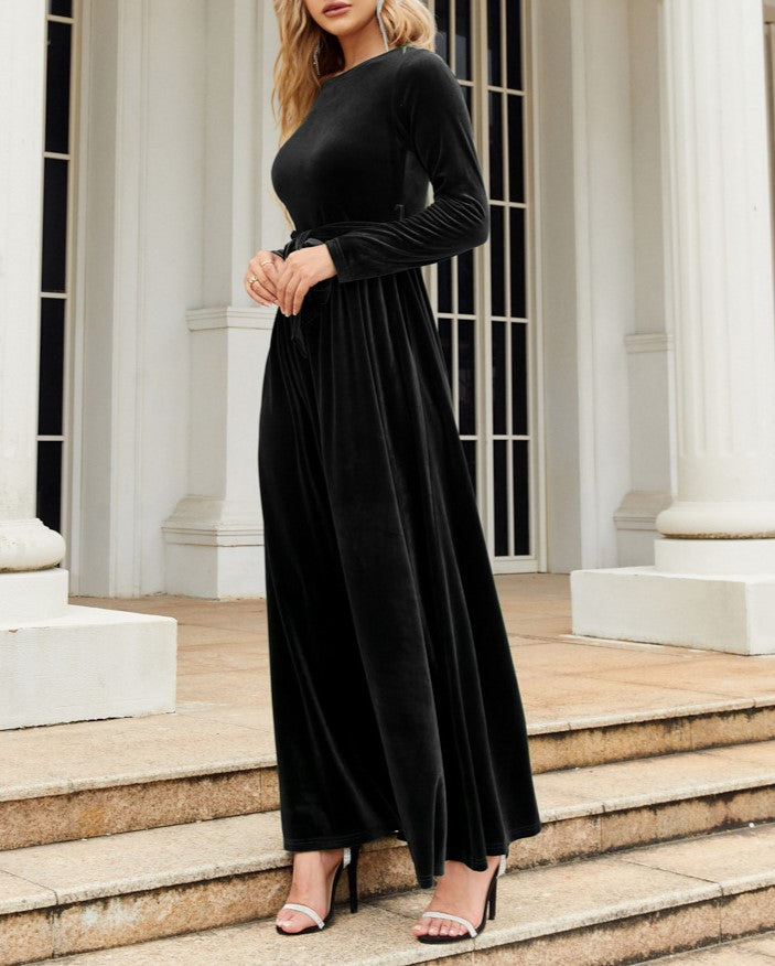 Velvet Tie Waist Long Sleeve Maxi Dress - Black - 1