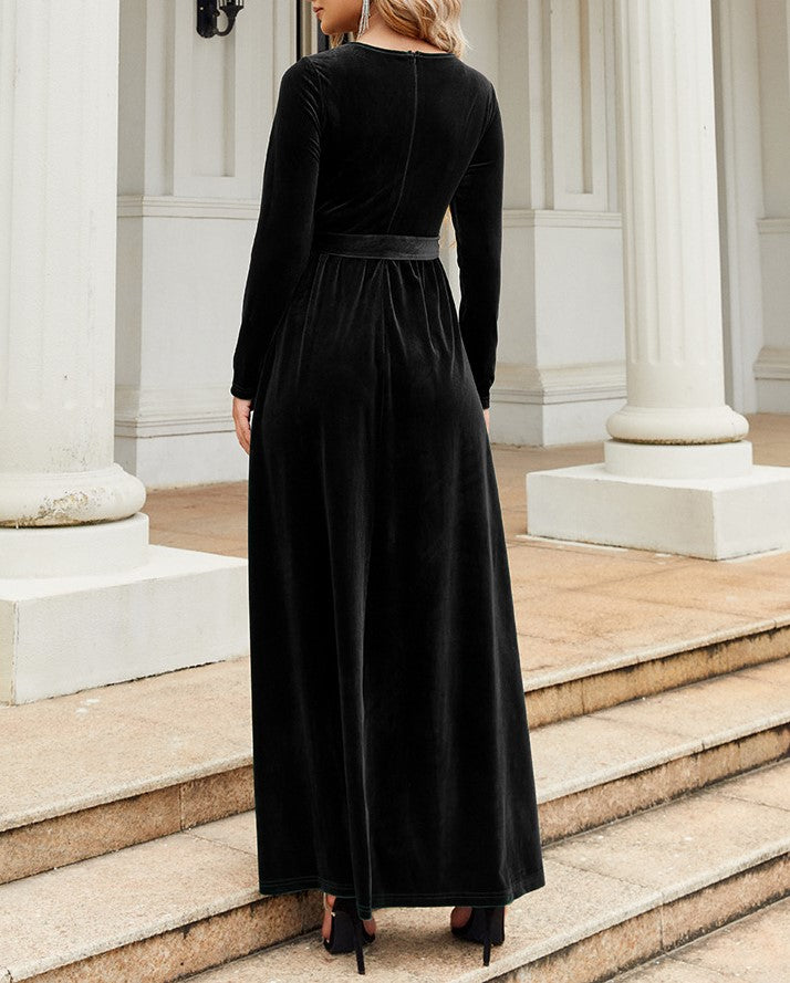 Velvet Tie Waist Long Sleeve Maxi Dress - Black - 3