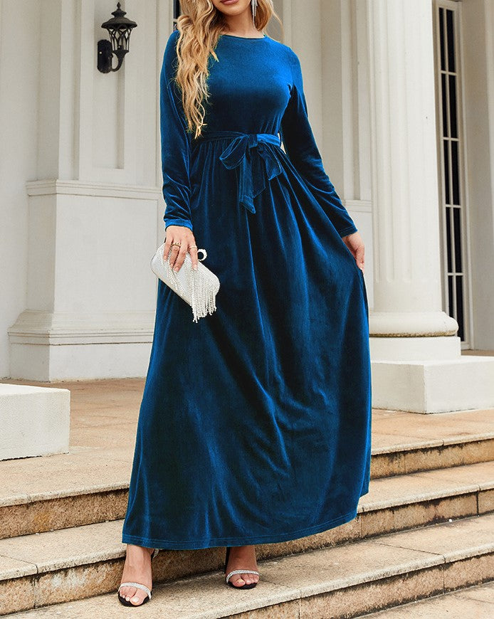 Velvet Tie Waist Long Sleeve Maxi Dress - Blue