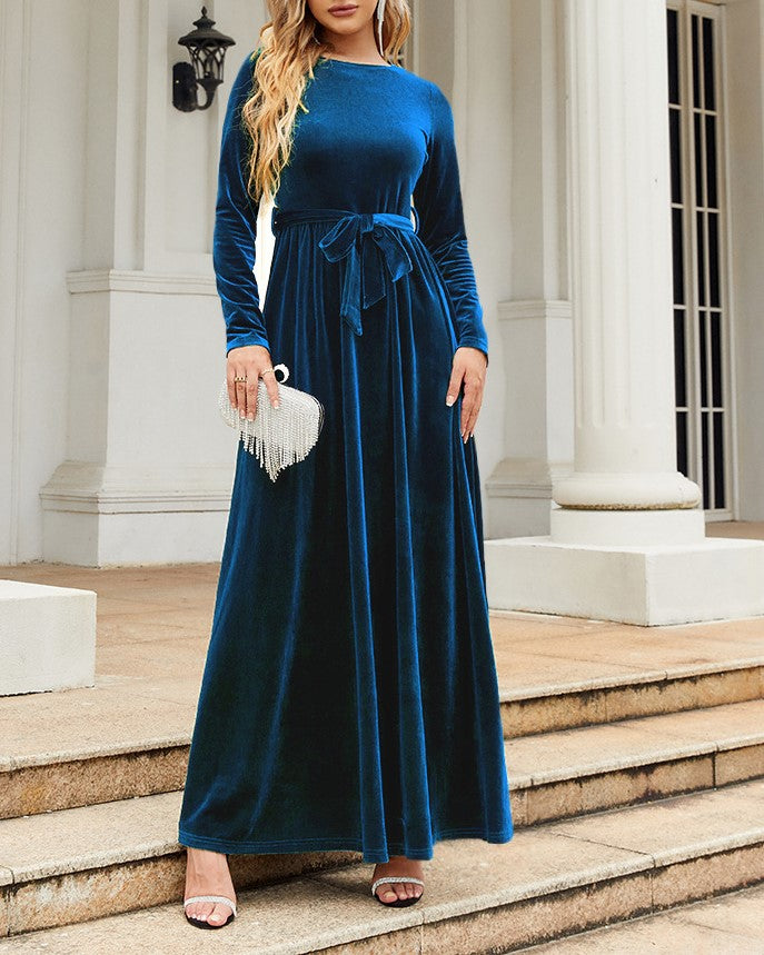 Velvet Tie Waist Long Sleeve Maxi Dress - Blue - 1