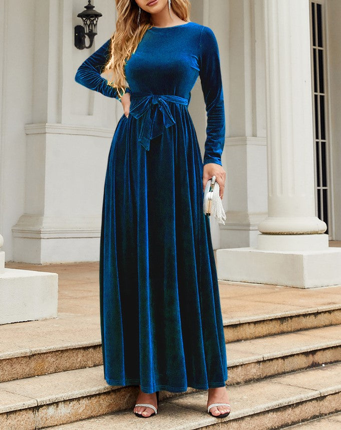 Velvet Tie Waist Long Sleeve Maxi Dress - Blue - 2