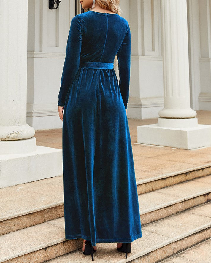 Velvet Tie Waist Long Sleeve Maxi Dress - Blue - 3