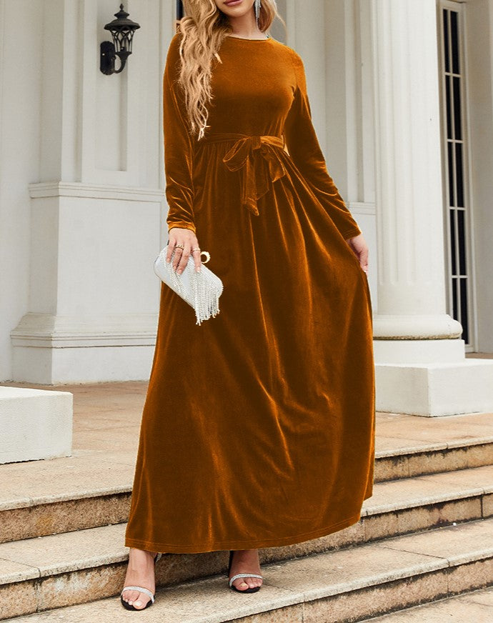 Velvet Tie Waist Long Sleeve Maxi Dress - Brown - 1