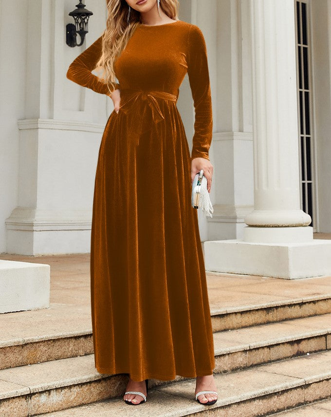 Velvet Tie Waist Long Sleeve Maxi Dress - Brown - 2
