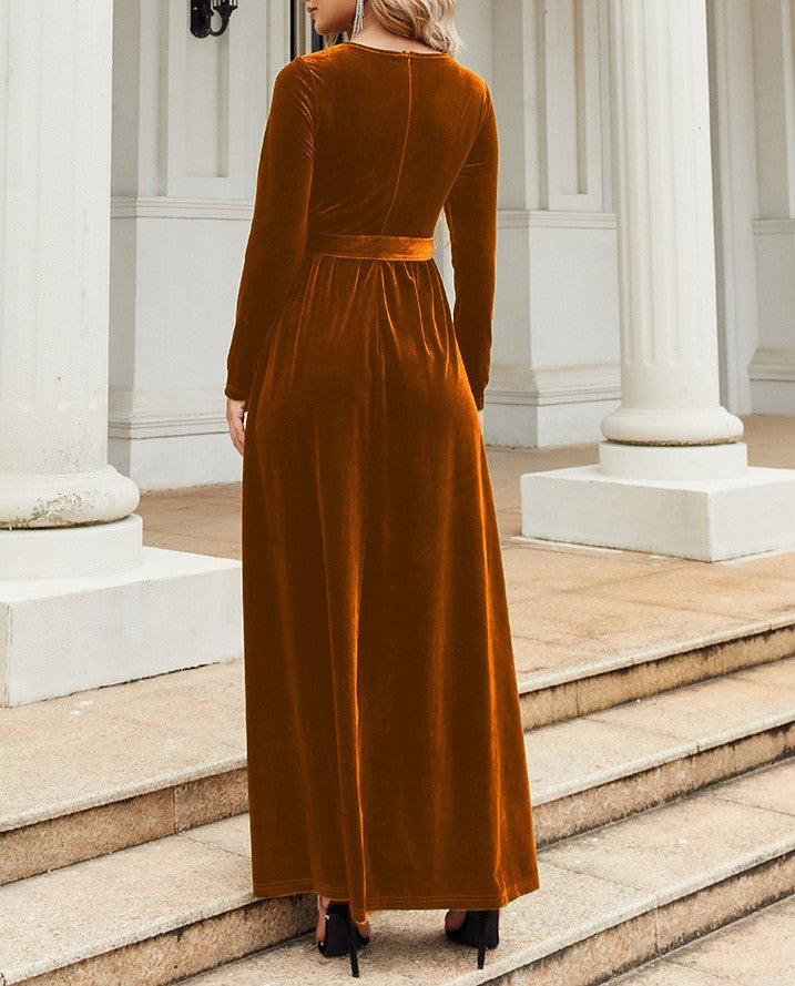 Velvet Tie Waist Long Sleeve Maxi Dress - Brown - 3
