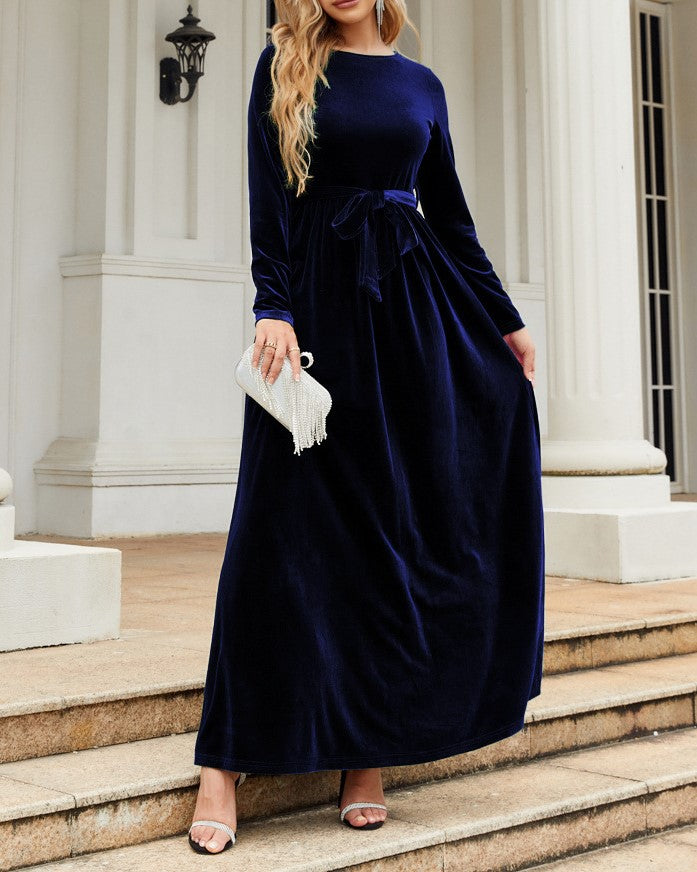 Velvet Tie Waist Long Sleeve Maxi Dress - Dark Blue