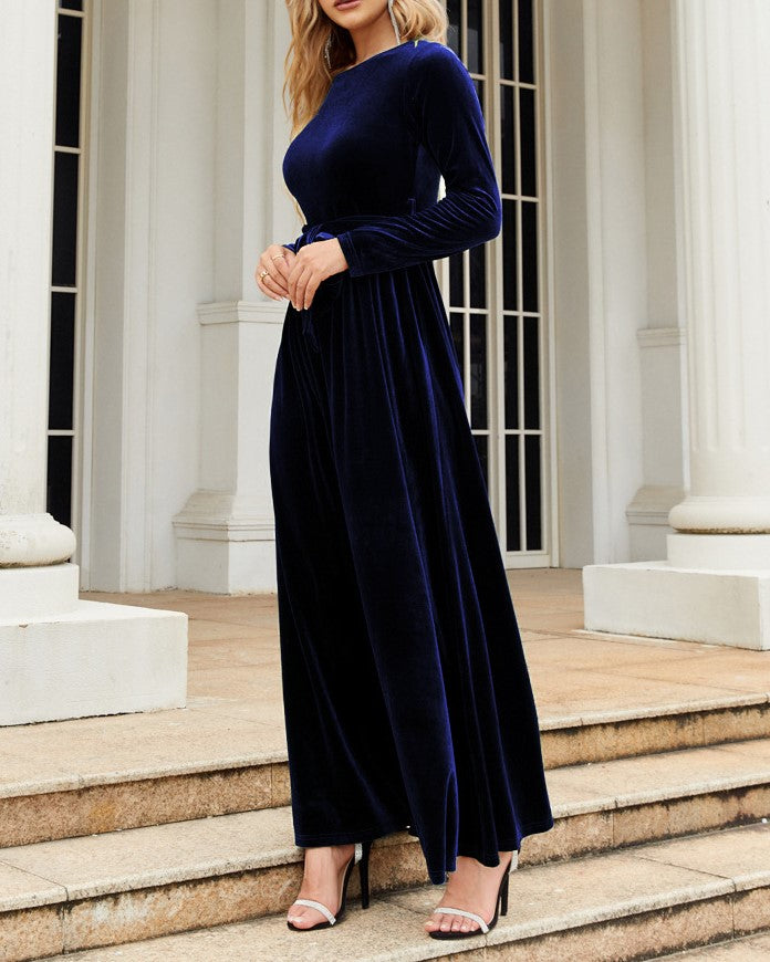 Velvet Tie Waist Long Sleeve Maxi Dress - Dark Blue - 1