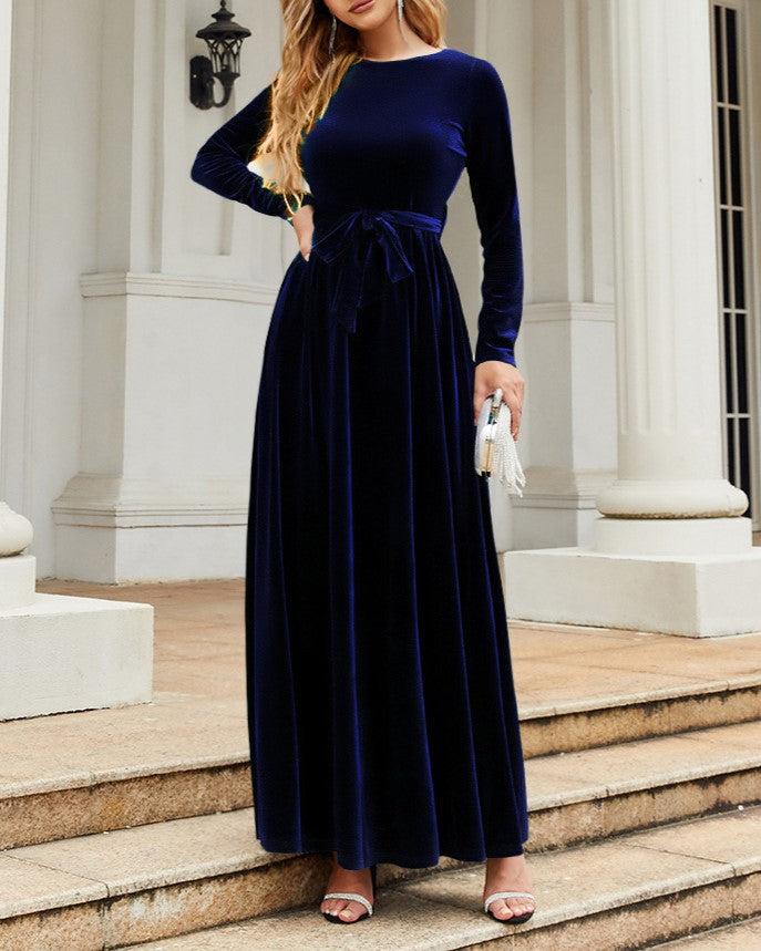 Velvet Tie Waist Long Sleeve Maxi Dress - Dark Blue - 2