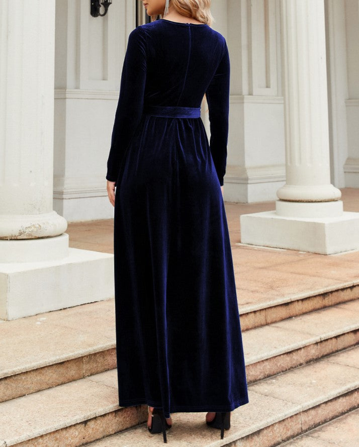 Velvet Tie Waist Long Sleeve Maxi Dress - Dark Blue - 3