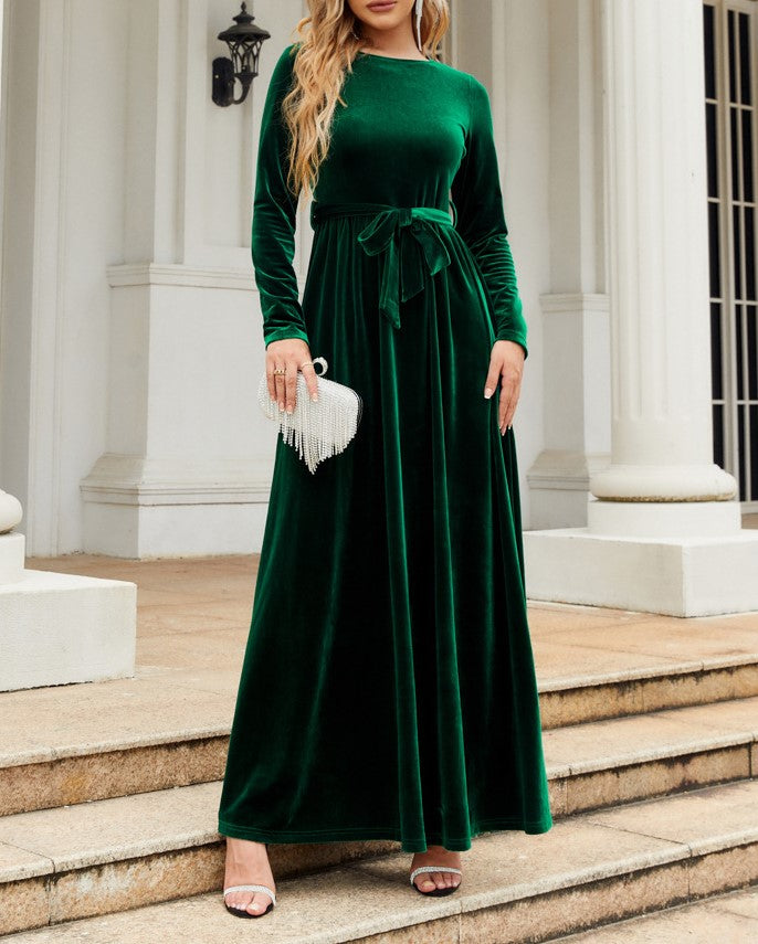 Velvet Tie Waist Long Sleeve Maxi Dress - Green - 1