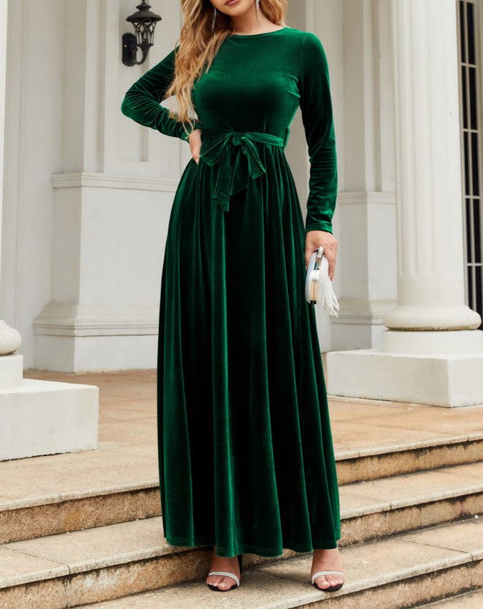 Velvet Tie Waist Long Sleeve Maxi Dress - Green - 2