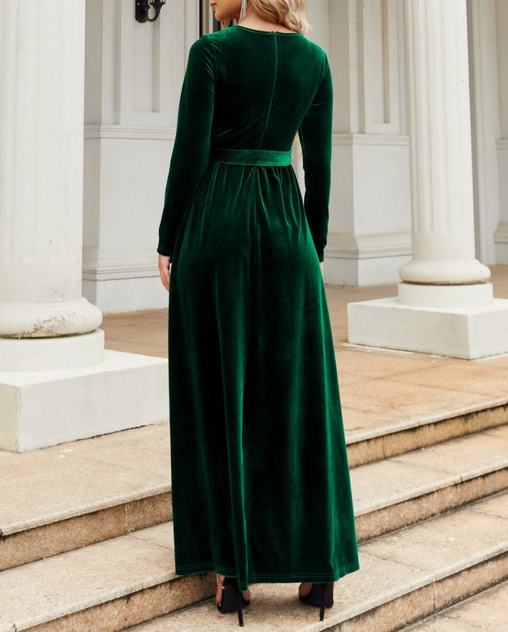 Velvet Tie Waist Long Sleeve Maxi Dress - Green - 3