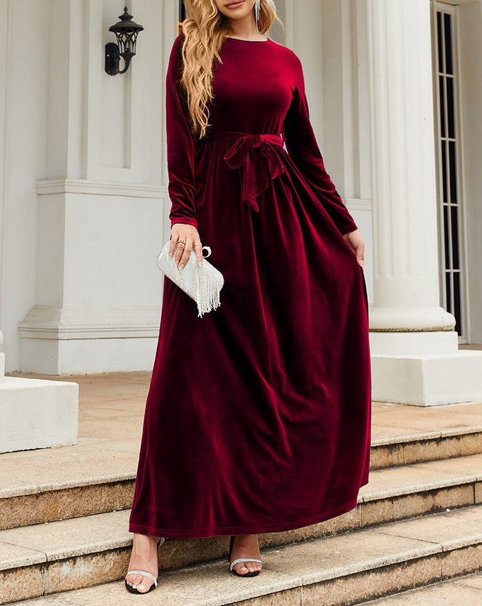 Velvet Tie Waist Long Sleeve Maxi Dress - Red