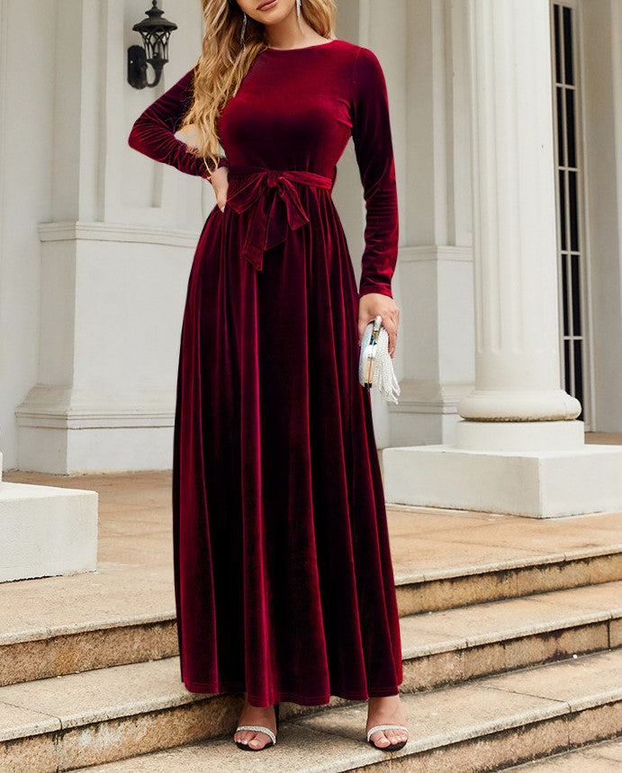 Velvet Tie Waist Long Sleeve Maxi Dress - Red - 1