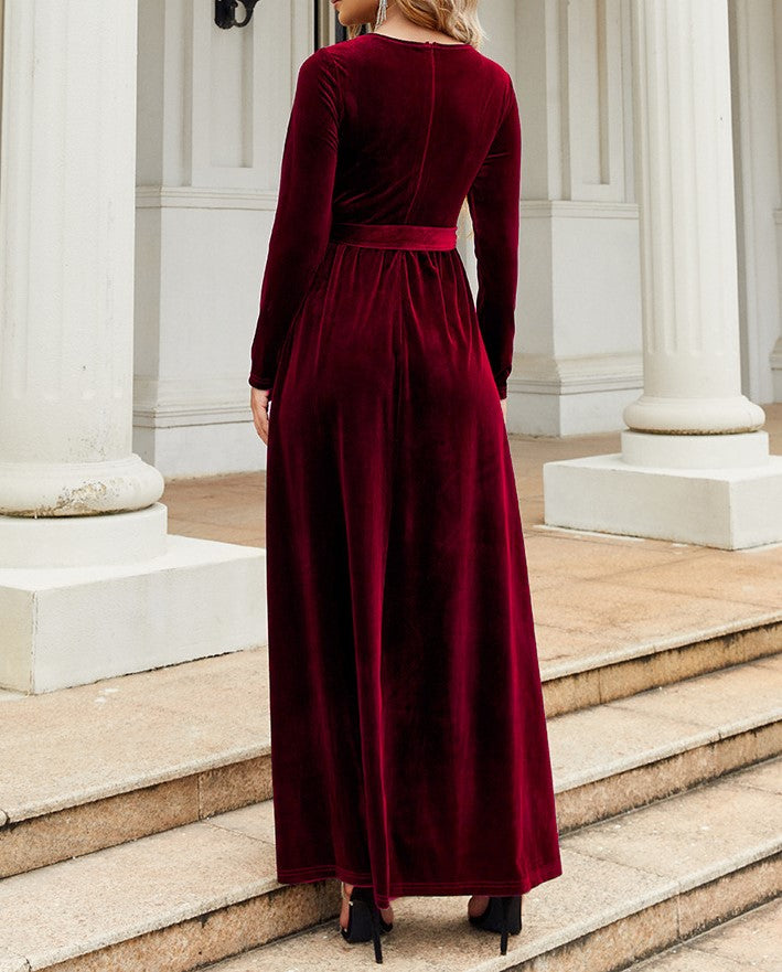 Velvet Tie Waist Long Sleeve Maxi Dress - Red - 2