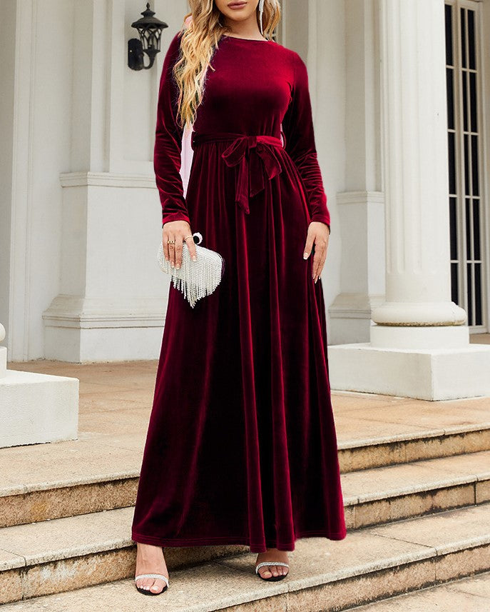 Velvet Tie Waist Long Sleeve Maxi Dress