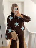 Fuzzy Star Motif Hooded Knit Pullover - Coffee