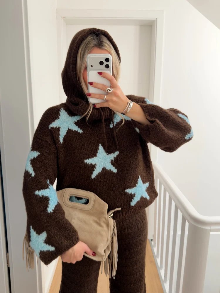 Fuzzy Star Motif Hooded Knit Pullover - Coffee - 1