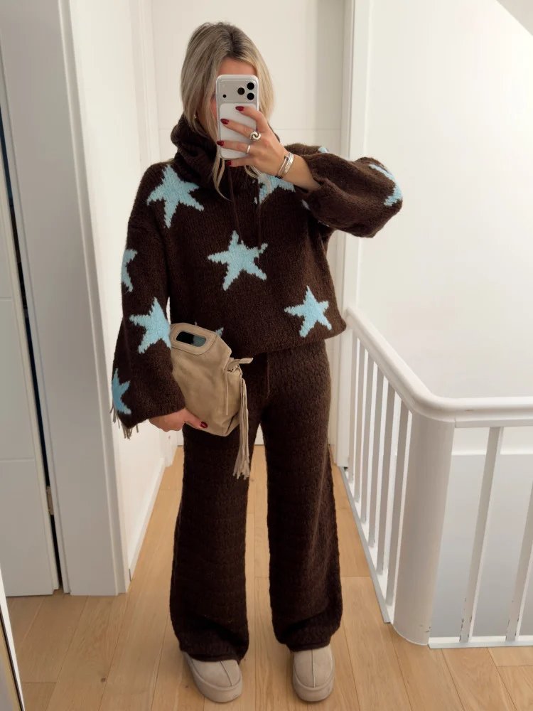 Fuzzy Star Motif Hooded Knit Pullover - Coffee - 3
