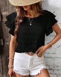 Textured Ruffle Sleeve Crewneck Blouse - Black