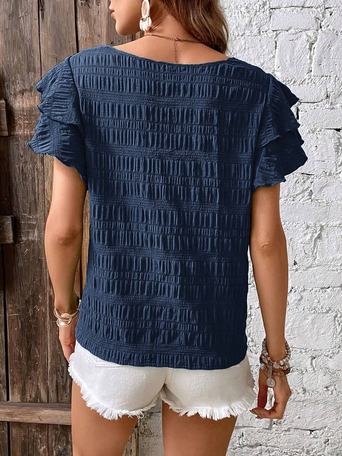 Textured Ruffle Sleeve Crewneck Blouse - DarkBlue - 1