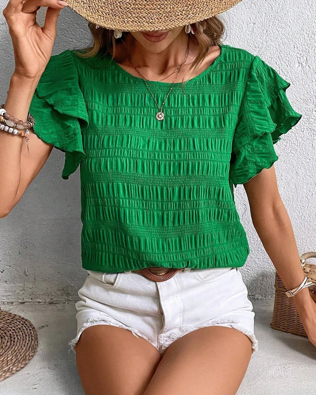 Textured Ruffle Sleeve Crewneck Blouse - Green