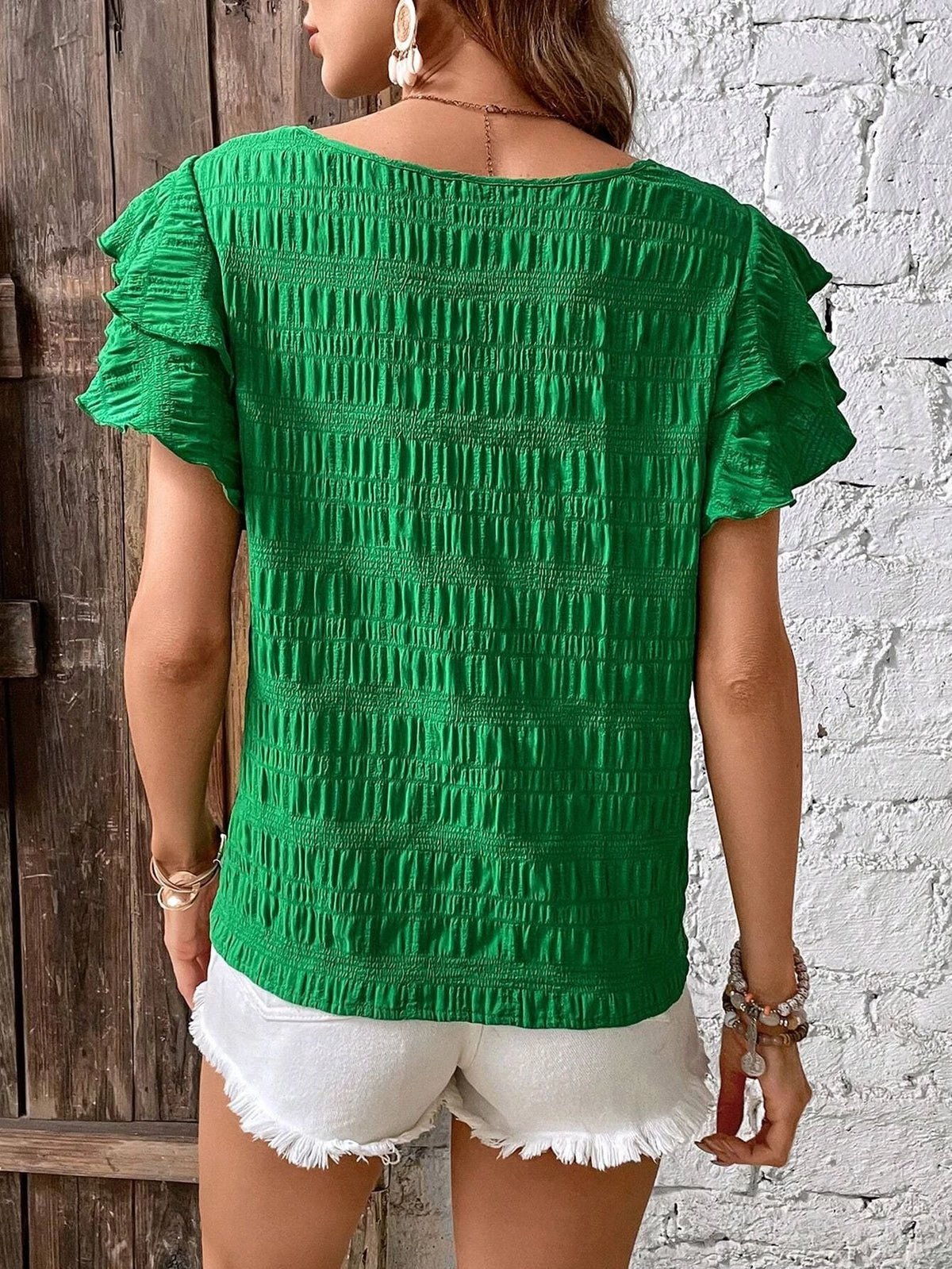 Textured Ruffle Sleeve Crewneck Blouse - Green - 2