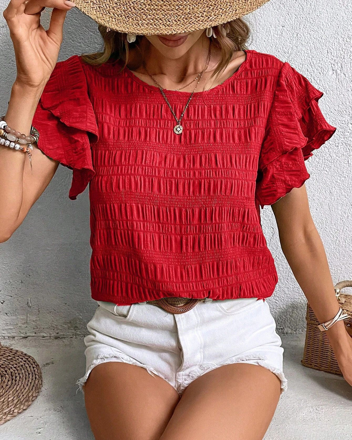 Textured Ruffle Sleeve Crewneck Blouse - Red