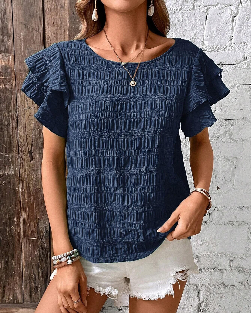 Textured Ruffle Sleeve Crewneck Blouse