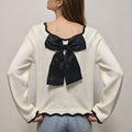 Contrast Scallop Trim Knit Sweater With Bow - Cream