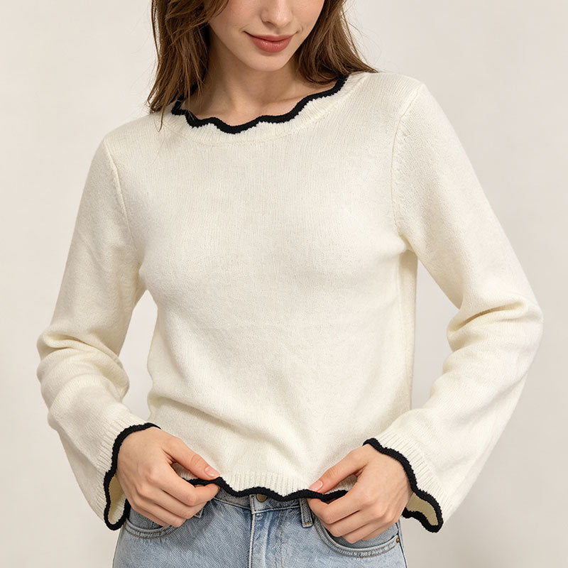 Contrast Scallop Trim Knit Sweater With Bow - Cream - 1