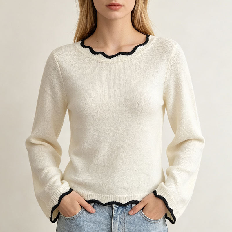 Contrast Scallop Trim Knit Sweater With Bow - Cream - 2
