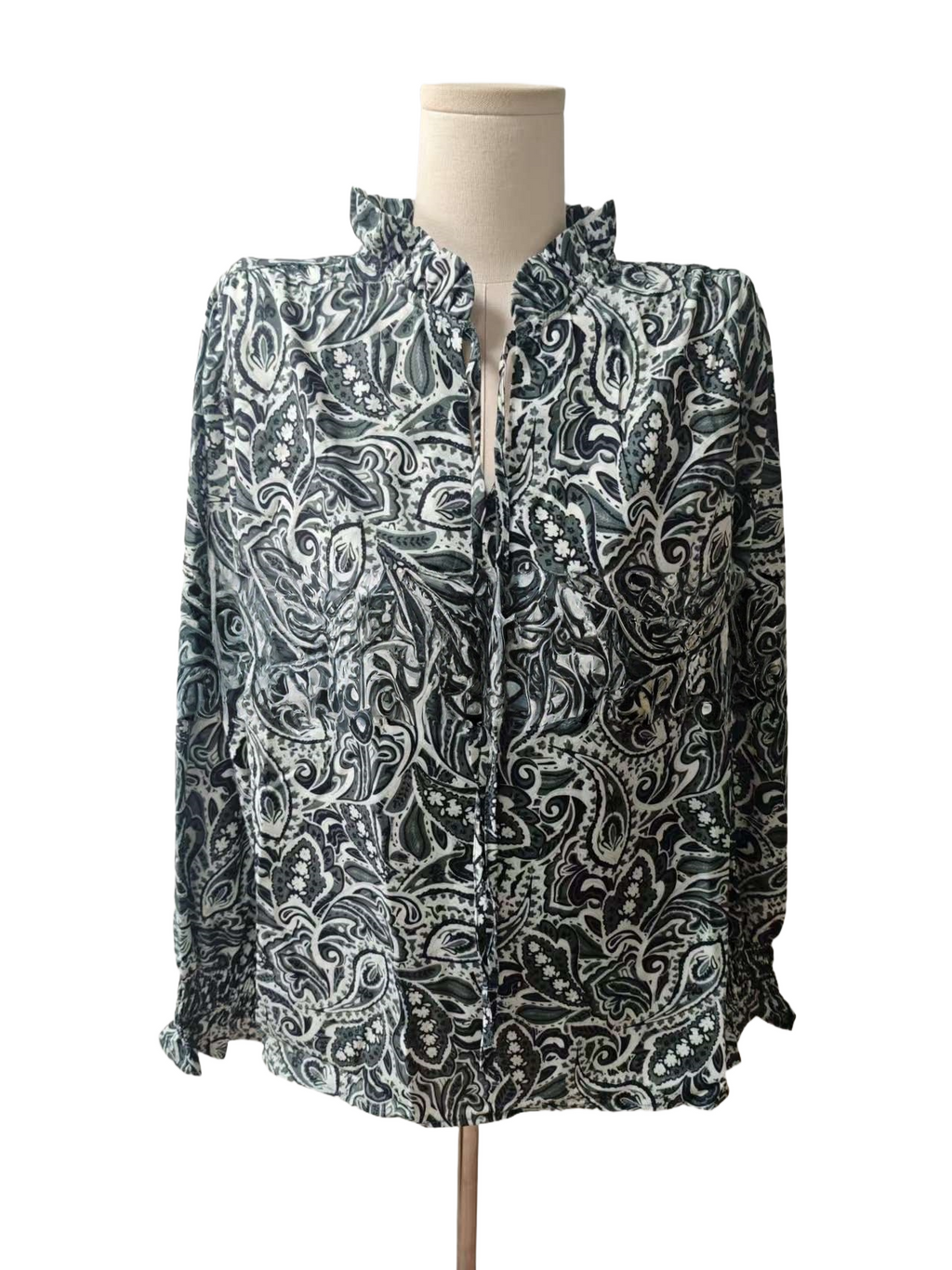 Paisley Print Ruffle Trim Loose Blouse - Green - 1