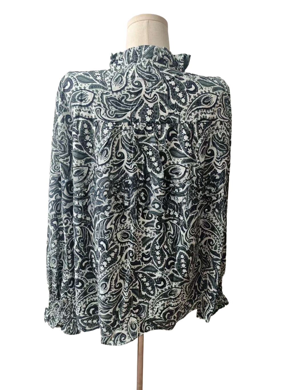 Paisley Print Ruffle Trim Loose Blouse - Green - 3