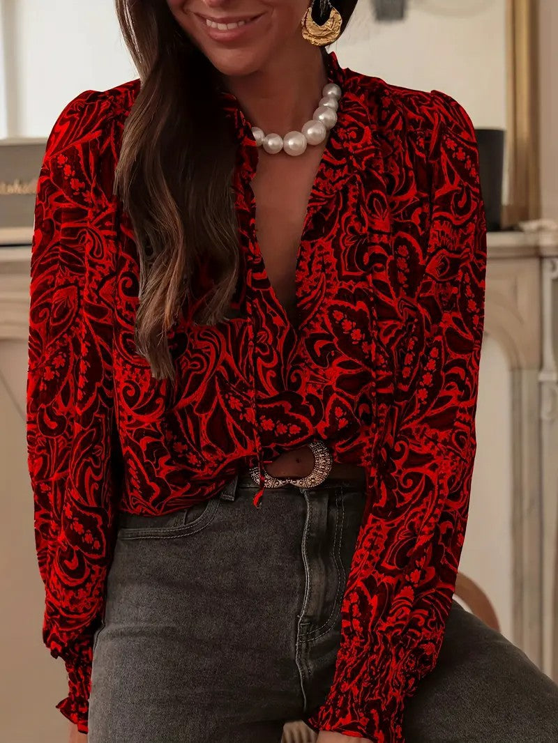 Paisley Print Ruffle Trim Loose Blouse - Red - 1