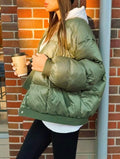 V Neck Cropped Puffer Jacket - Green