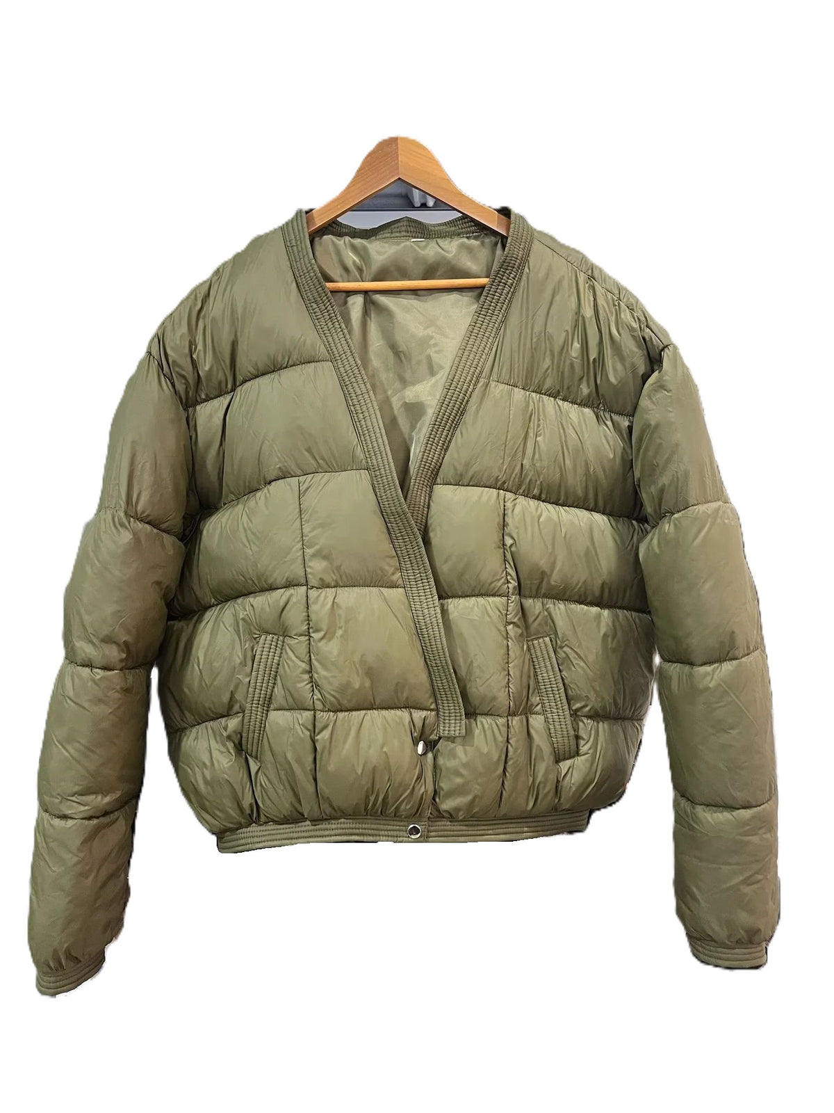 V Neck Cropped Puffer Jacket - Green - 1