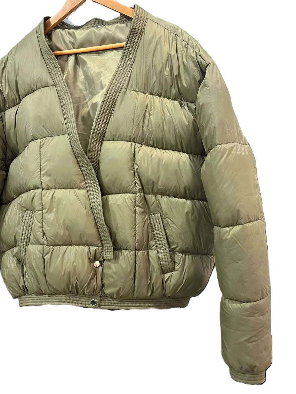 V Neck Cropped Puffer Jacket - Green - 3