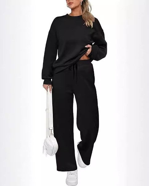 Cozy Knit Sweatshirt And Wide Leg Pants Set - Black