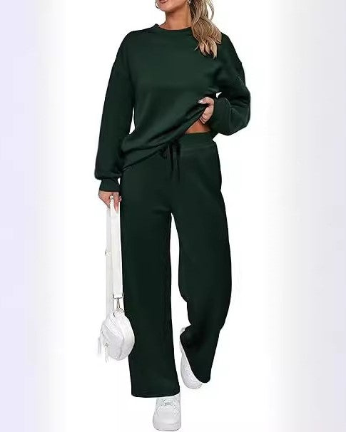 Cozy Knit Sweatshirt And Wide Leg Pants Set - Green
