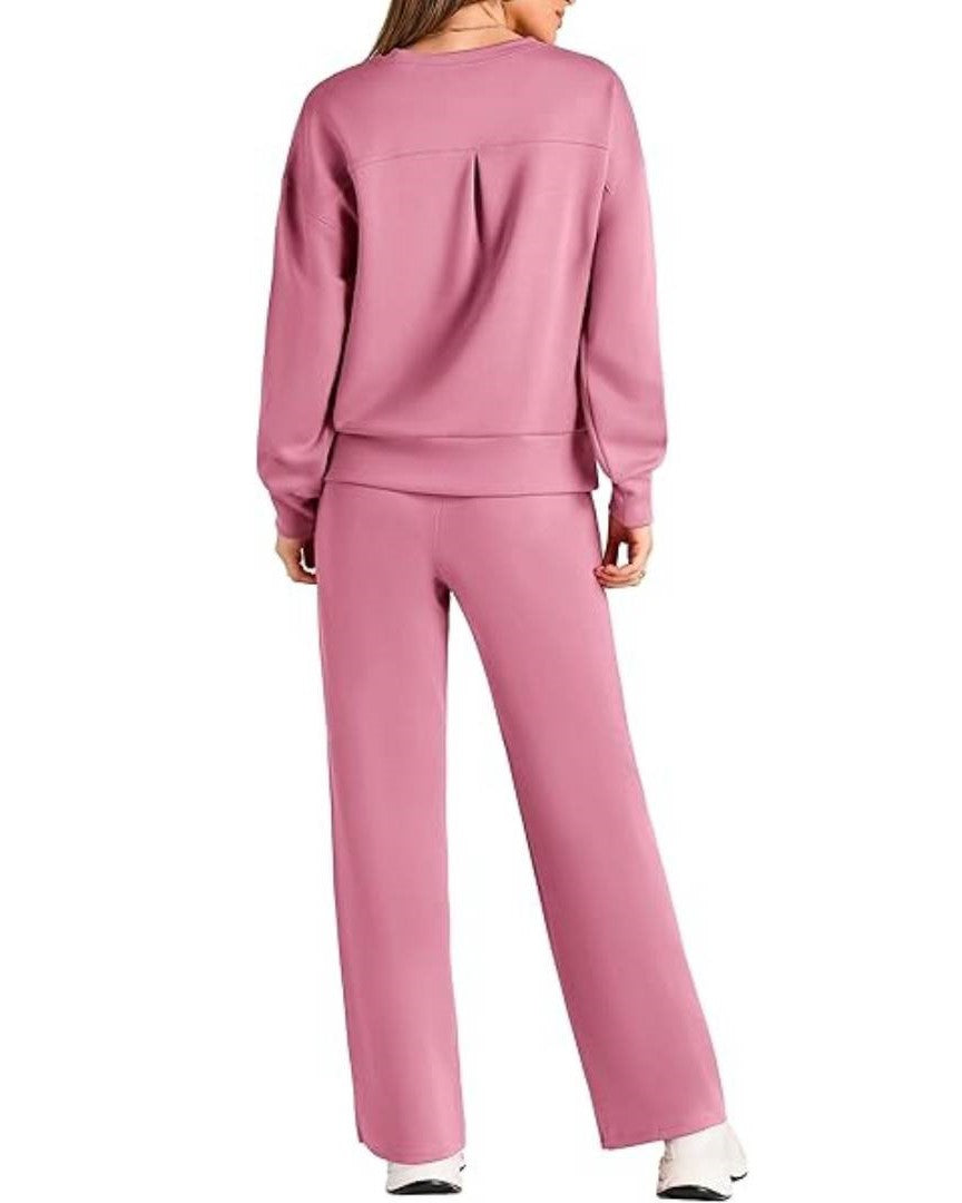 Cozy Knit Sweatshirt And Wide Leg Pants Set - Pink - 1