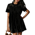 Short Sleeve Velvet Lace Yoke Mini Dress - Black