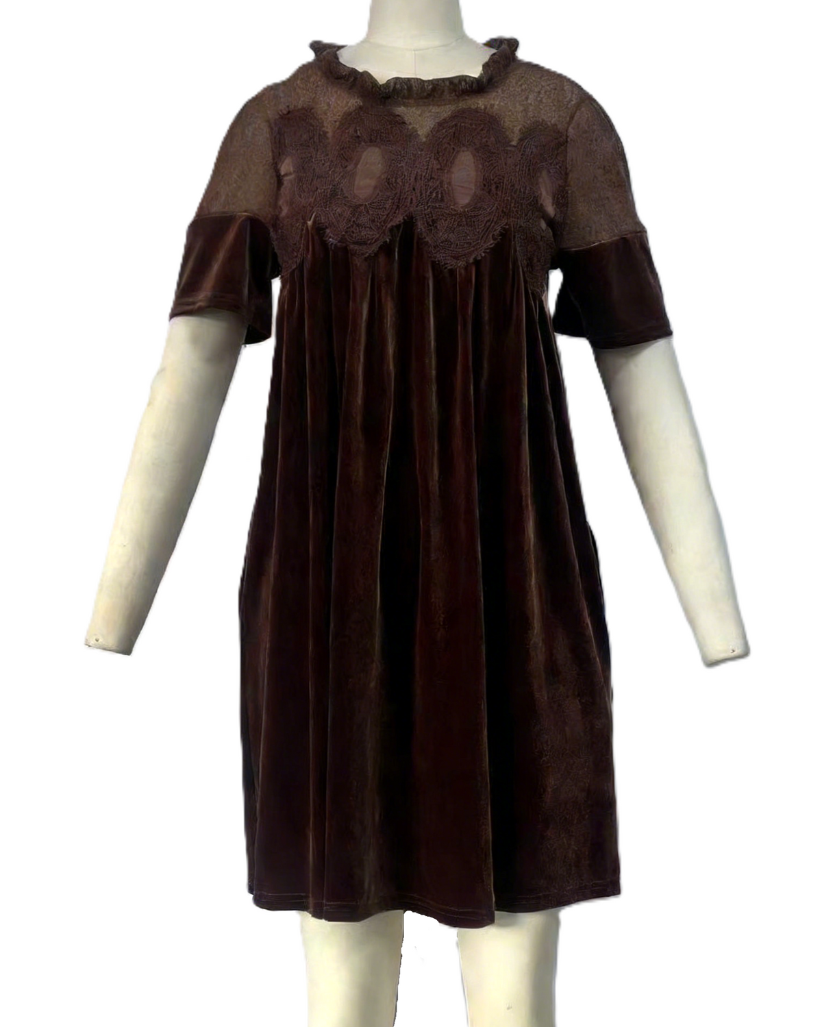 Short Sleeve Velvet Lace Yoke Mini Dress - Brown - 1
