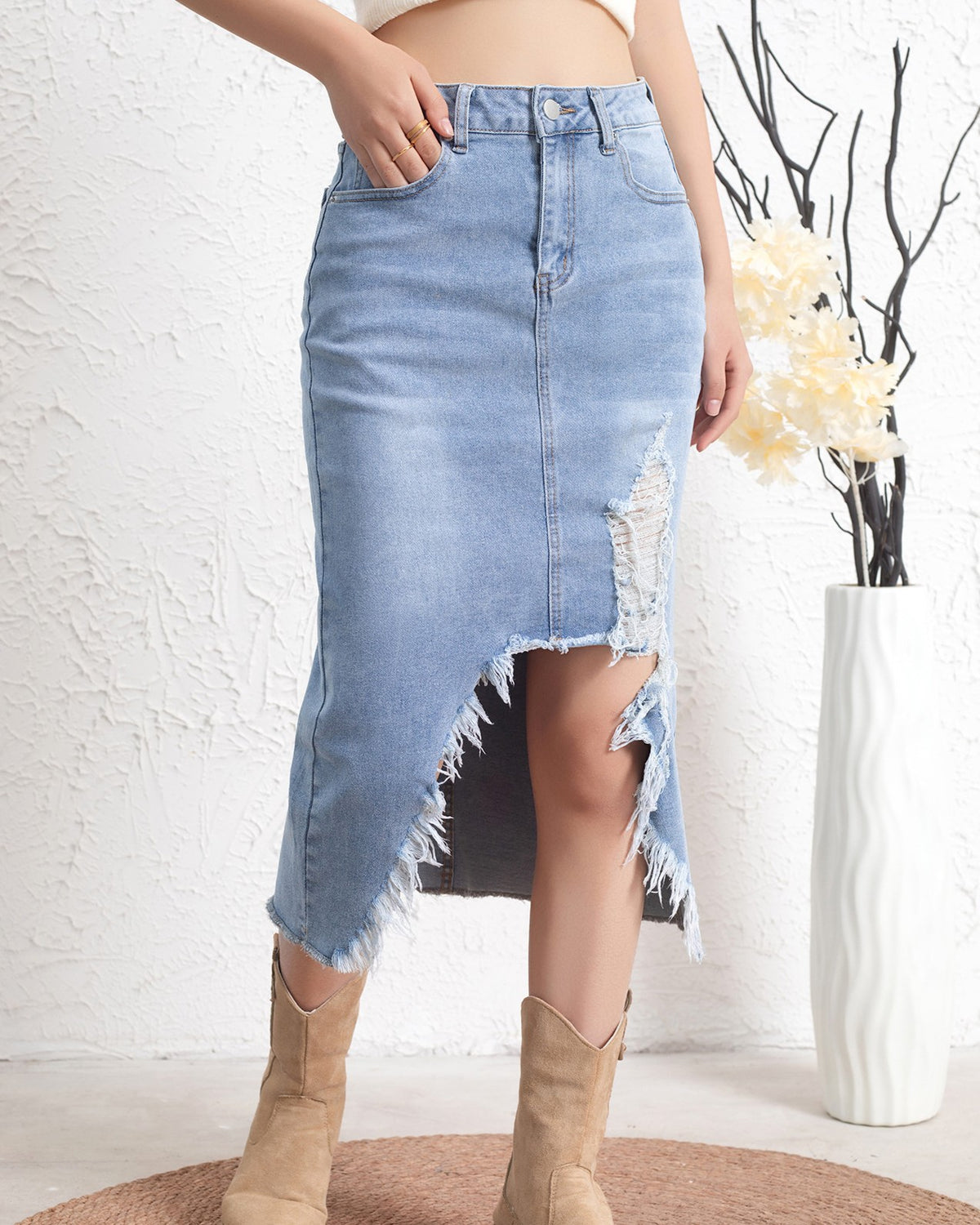 Distressed Denim Midi Skirt With Raw Hem - Blue