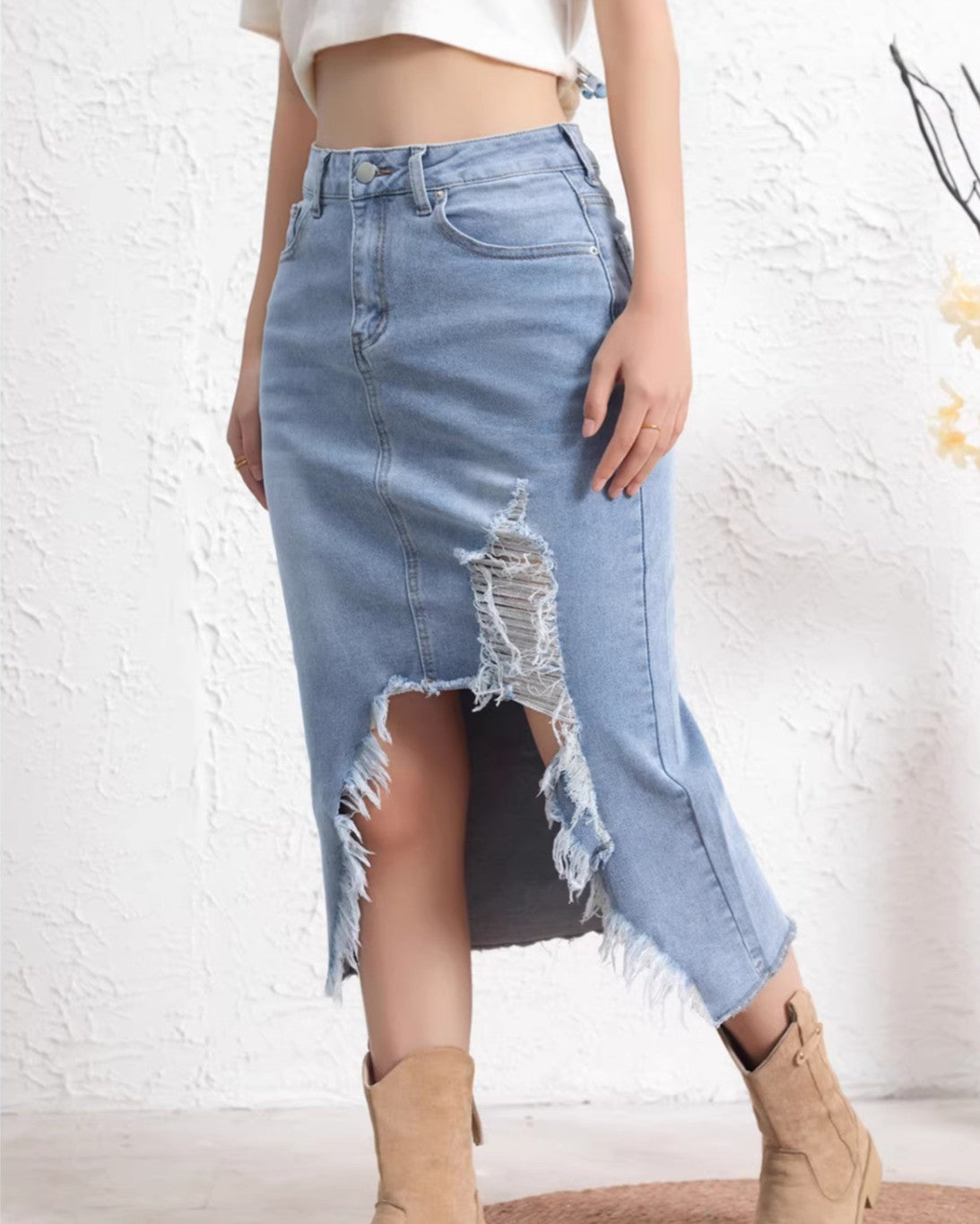 Distressed Denim Midi Skirt With Raw Hem - Blue - 1