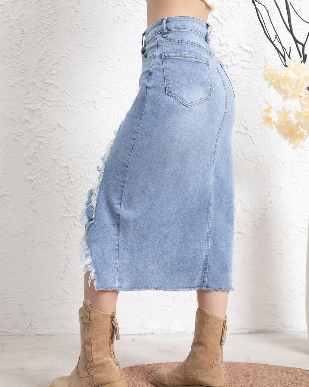 Distressed Denim Midi Skirt With Raw Hem - Blue - 2